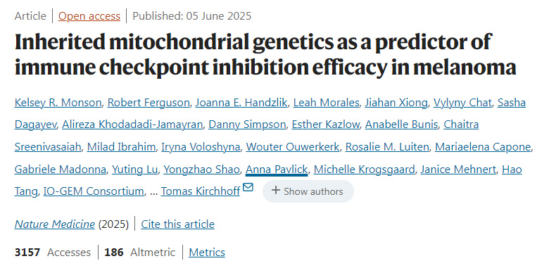 遺傳性線粒體基因特征作為黑色素瘤免疫檢查點抑制劑療效的預(yù)測因子
