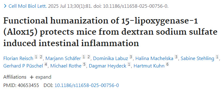 功能性人源化15-脂氧合酶-1 (Alox15) 保護(hù)小鼠免受葡聚糖硫酸鈉誘導(dǎo)的腸道炎癥