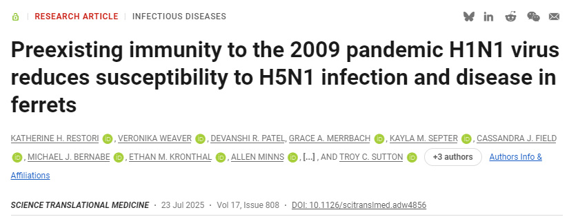 針對(duì)2009年甲型H1N1流感病毒的預(yù)存免疫力可減弱雪貂對(duì)H5N1感染的易感性及發(fā)病風(fēng)險(xiǎn)