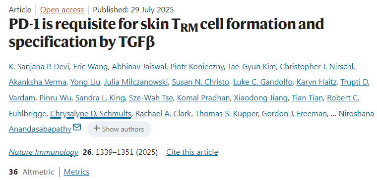 PD-1是TGFβ介導(dǎo)的皮膚組織駐留記憶T細(xì)胞形成與功能特化所必需的
