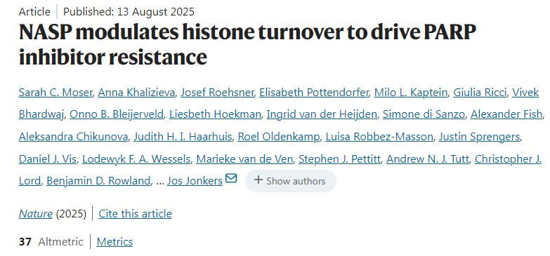 NASP通過(guò)調(diào)控組蛋白更新驅(qū)動(dòng)PARP抑制劑耐藥性的產(chǎn)生