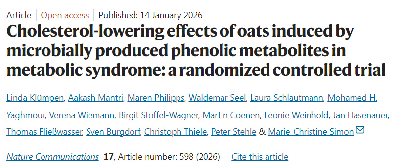 一項(xiàng)隨機(jī)對(duì)照試驗(yàn):微生物衍生酚類(lèi)代謝物介導(dǎo)燕麥對(duì)代謝綜合征患者的降膽固醇作用 一項(xiàng)隨機(jī)對(duì)照試驗(yàn):微生物衍生酚類(lèi)代謝物介導(dǎo)燕麥對(duì)代謝綜合征患者的降膽固醇作用