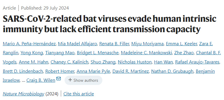 嚴重急性呼吸系統(tǒng)綜合征冠狀病毒2型相關蝙蝠病毒逃避人類固有免疫，但缺乏有效的傳播能力